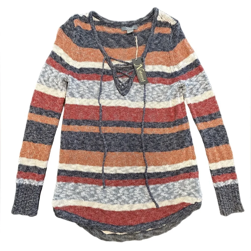 Natural Reflections NWT Lace Up Sweater Striped Knit Pullover Cozy Fall cabin L